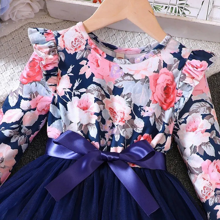 Casual Dresses for  Girls. New Spring and Autumn Fly Sleeve Long Sleeve Printed Mesh Dresses