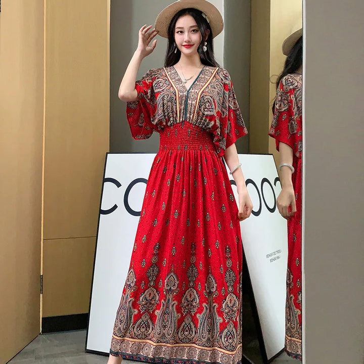 V-neck Large Skirt Hem Casual Sweet Long Dress Bat Sleeves Elastic Waist Bohemian Print Floral Elegant .
