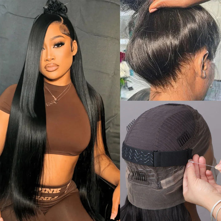 Hidden Strap Straight 360 Lace Front Wigs Human Hair Pre Plucked 12A Glueless Brazilian Virgin Wig With Drawstring HD Full Lace