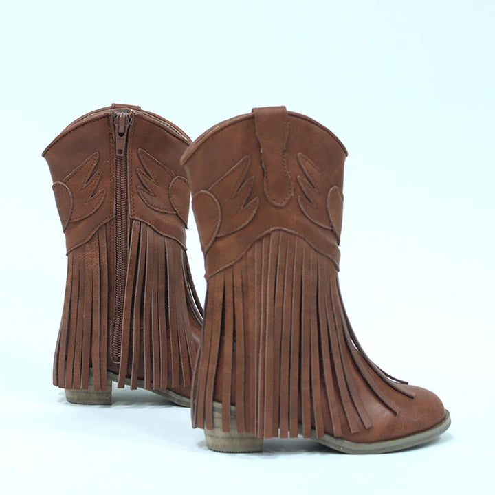Kids Vintage Western Cowgirls Boots Leather Tassel Princess Low Heeled Knee Boots Cowboys Winter Dress Shoes New Years Christmas