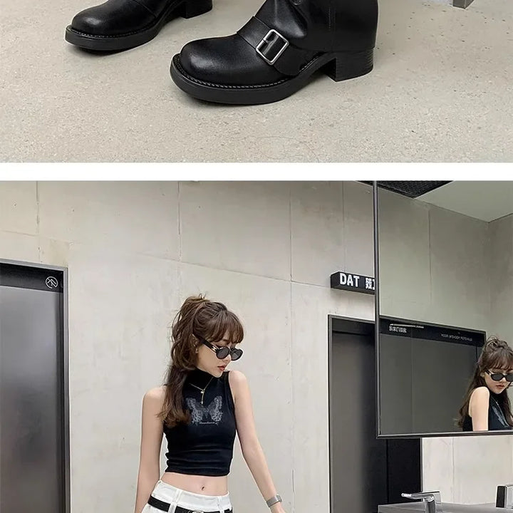 Pleated Buckle Knight Boots for Women Autumn Brown PU Leather Mid Calf Boots Woman Slip-On Thick Heel Riding Botas Mujer 2024