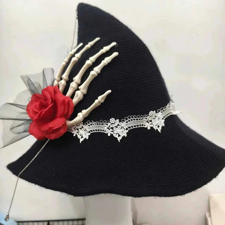 Halloween Cosplay Witch Hat with Skeleton Hand Red Rose Lace Design Gothic Lolita Costume Accessory for Girls Women