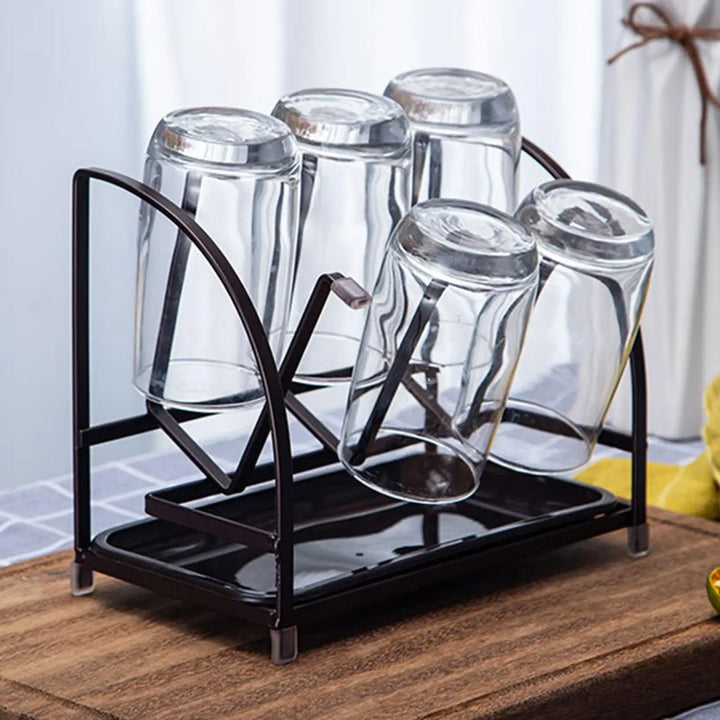 6 Slot Mug Drying Rack Non Slip Silicone Cup Organizer for Kitchen Counter Modern Steel Dish Drainer with Water Catcher Tray