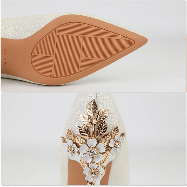Light Luxury Sexy Women Dress Shoes 2025 Autumn Metal Flower Fashion High Heel Wedding White Pointed Sequins Shiny Female Pumps