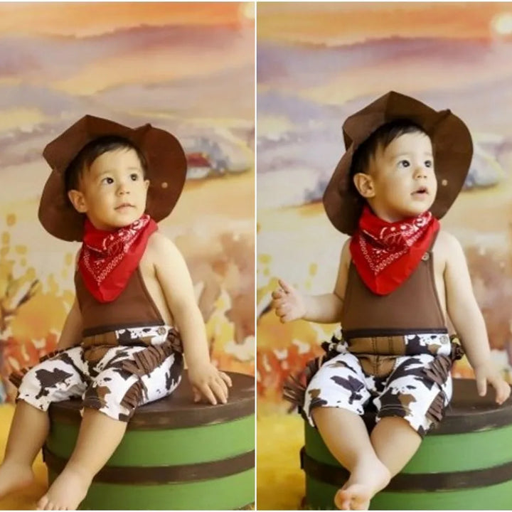 Baby Boy Clothes cowboy Costume Infant Toddler Cowboy Set 3Pcs Hat Scarf Romper Halloween Event Birthday Holiday Cosplay Outfits