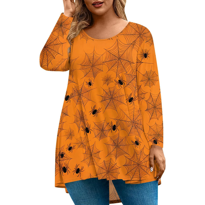 Plus Size Halloween Print T-Shirt for Women Fashion Round Neck Long Sleeve Casual Loose Pullover Top Halloween Party Costumes