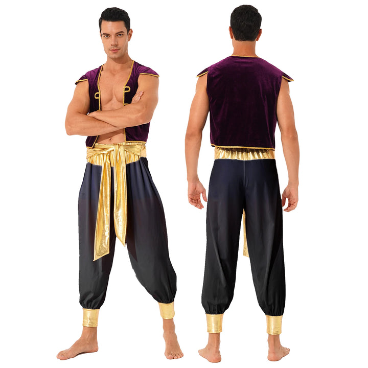 Mens Halloween Costume Mythical Arabian Prince Carnival Cosplay Party Outfit Sequin Trim Waistcoat with Belted Pants