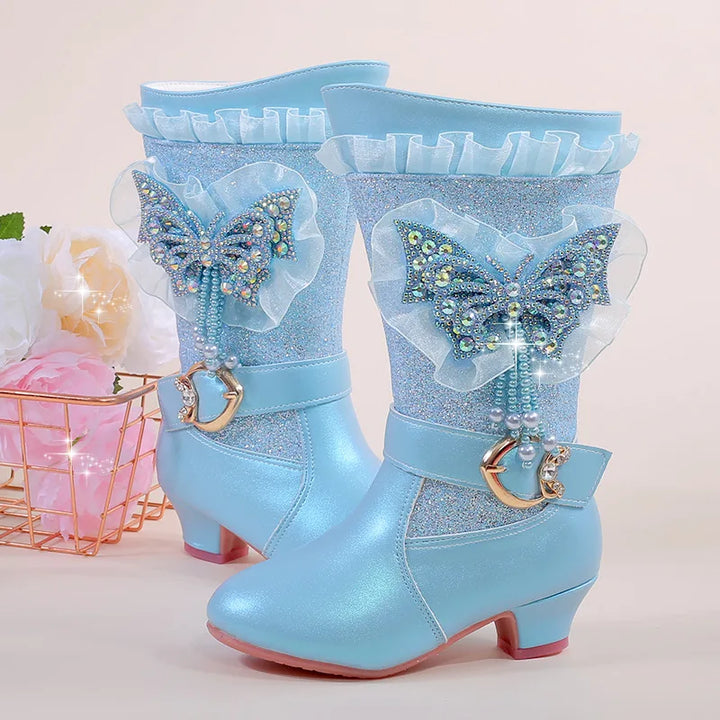 2025 Girls High Heel Boots Children's Sequins Rhindiamonds Butterfly-knot Princess Boots with Velvet Warm Mid-tube Kids Boots