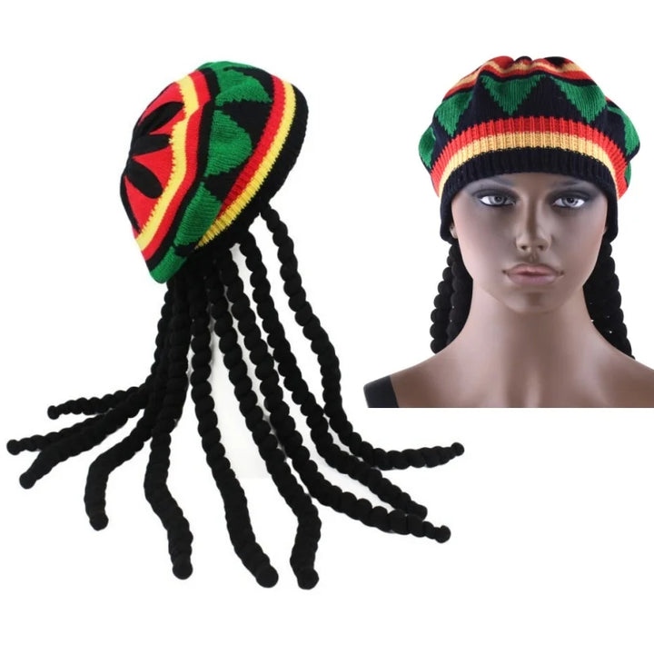 Handmade Crochet Knit False Braid Hat Jamaican Bob Rasta Beanie Cap Dreadlocks Wig Bob Marley Caribbean Fancy Dress Up Headwear