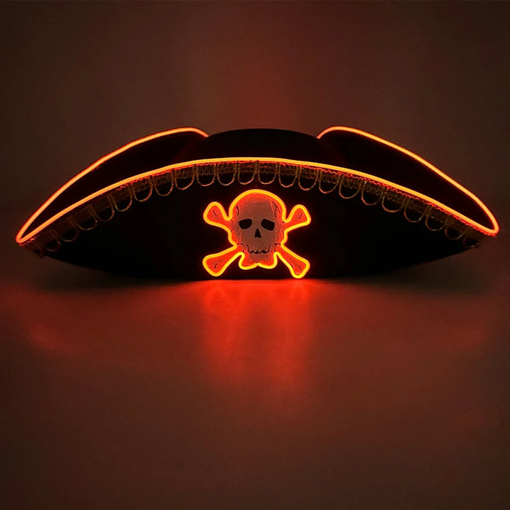 Halloween LED Light Black Pirate Hat For Adult Pirate Theme Party Glowing Cap Cosplay Costume Luminous Hat With Skull Pattern