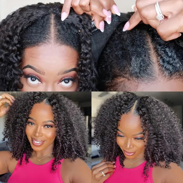 200 Density Kinky Curly V-Part Wig Human Hair No Leave Out Upgrade Deep Wave Curly V Shape Wig No Glue Clip In Half Wigs on Sale