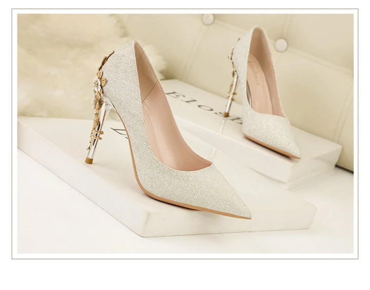 Light Luxury Sexy Women Dress Shoes 2025 Autumn Metal Flower Fashion High Heel Wedding White Pointed Sequins Shiny Female Pumps