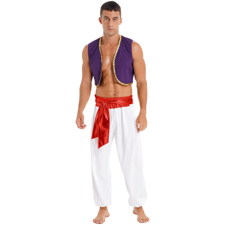 Mens Halloween Costume Mythical Arabian Prince Carnival Cosplay Party Outfit Sequin Trim Waistcoat with Belted Pants