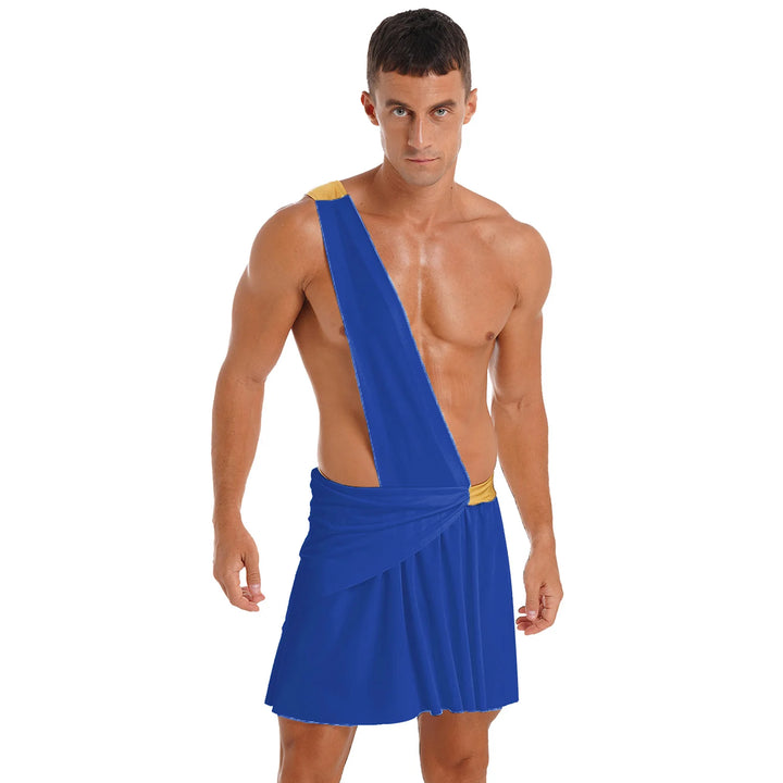 Halloween Ancient Greek Warrior Cosplay Costume Mens One Shoulder Strap Contrast Color Ruffle Skirt Carnival Theme Party Wear