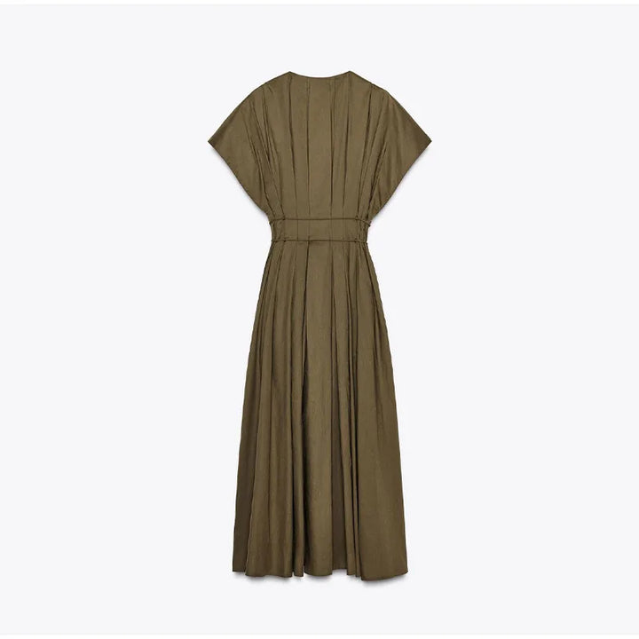 Elegant Pleated Lace Up Long Dress Deep V-neck Flying Sleeve A-line Party Dresses Summer Lady Office All-match Chic Robes