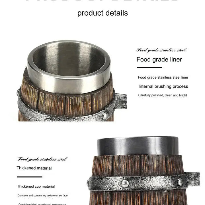 Hot-selling Wooden Barrel Beer mug , Large-capacity  Coffee mug Water bottle ,Tazas de café with stainless steel