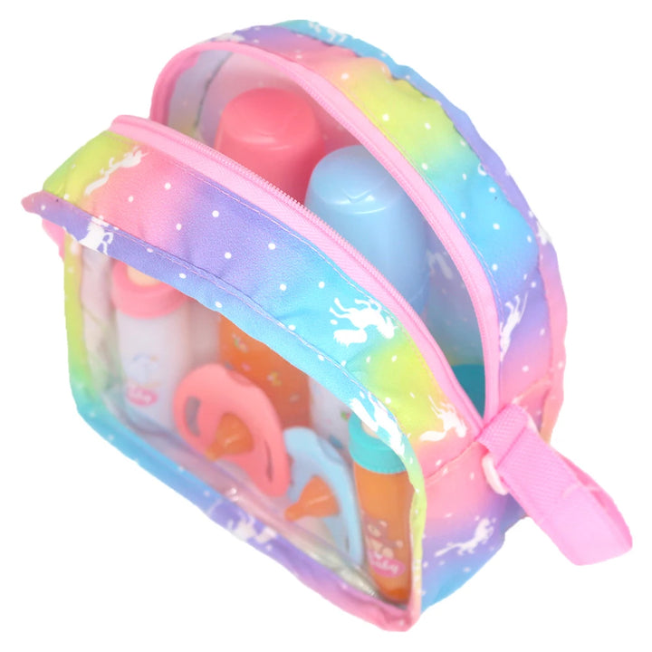 Newborn Doll Accessories Kit with Clear Display Rainbow Carrying Bag Transparent Display Window Fit 14inch Dolls Doll Travel Set