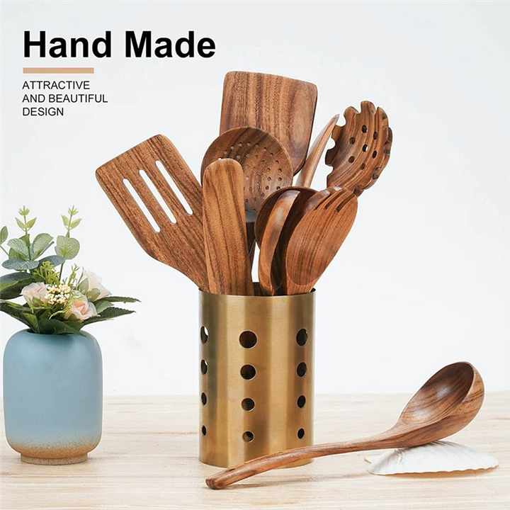 Wooden Cooking Utensils, Kitchen Utensils Set with Teak Wood Spoons and Wooden Spatula for Cooking