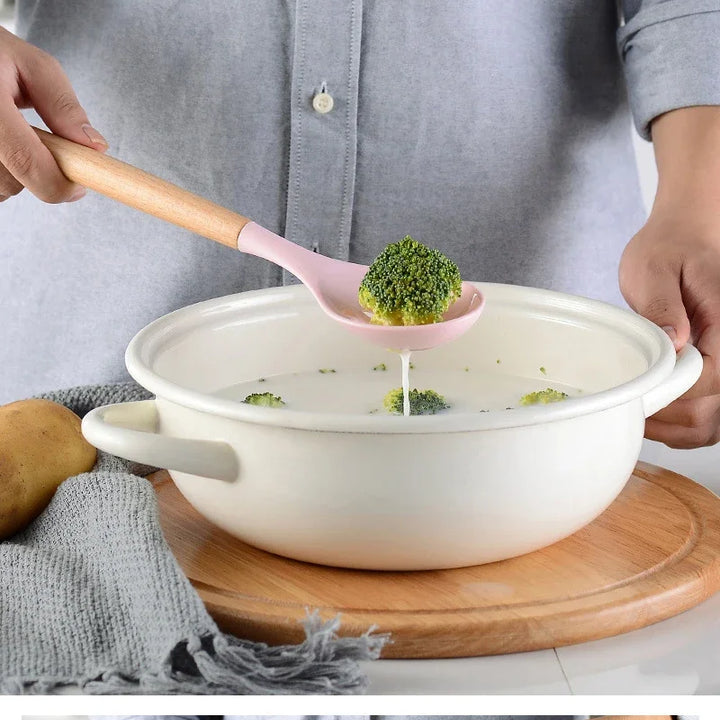 Pink Cooking Kitchenware Tool Silicone Utensils With Wooden Multifunction Handle Non-Stick Spatula Ladle Egg Beaters Shovel