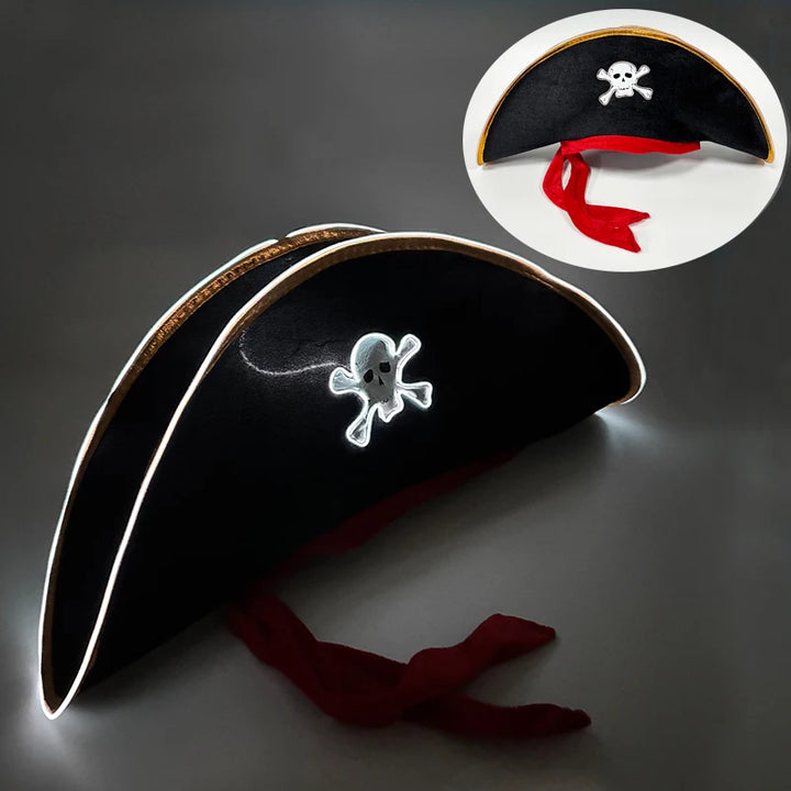 Adults Black Pirate Hats with Skull Pattern Halloween Cosplay Props Parties Caribbean Pirate Costume Hats LED Glowing Party Hat