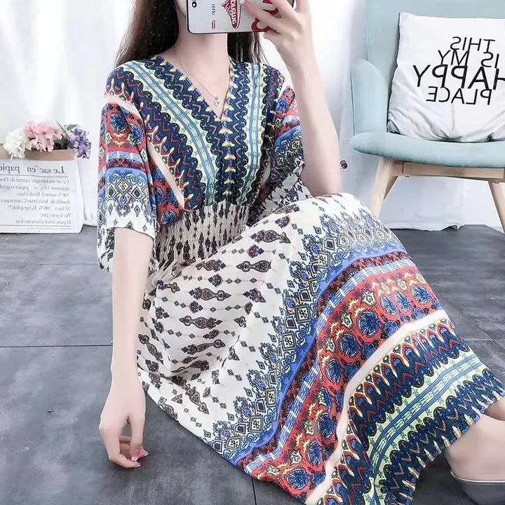 V-neck Large Skirt Hem Casual Sweet Long Dress Bat Sleeves Elastic Waist Bohemian Print Floral Elegant .