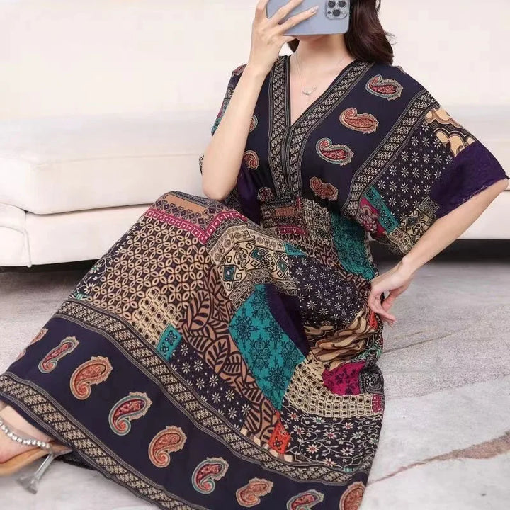 V-neck Large Skirt Hem Casual Sweet Long Dress Bat Sleeves Elastic Waist Bohemian Print Floral Elegant .