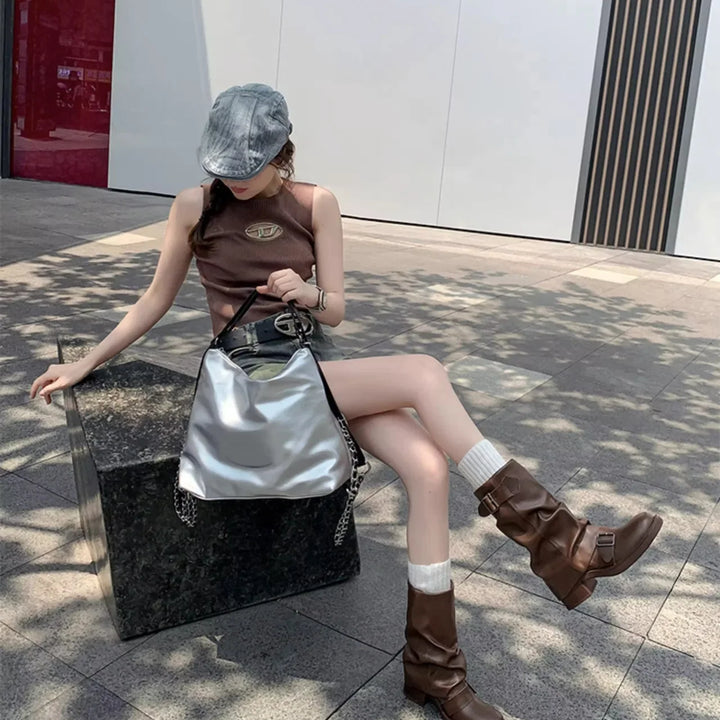 Pleated Buckle Knight Boots for Women Autumn Brown PU Leather Mid Calf Boots Woman Slip-On Thick Heel Riding Botas Mujer 2024
