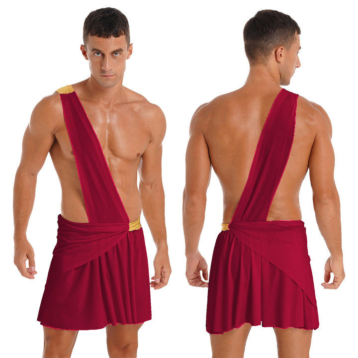 Halloween Ancient Greek Warrior Cosplay Costume Mens One Shoulder Strap Contrast Color Ruffle Skirt Carnival Theme Party Wear