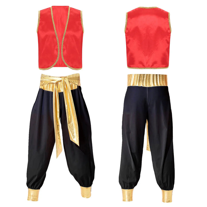 Mens Halloween Costume Mythical Arabian Prince Carnival Cosplay Party Outfit Sequin Trim Waistcoat with Belted Pants