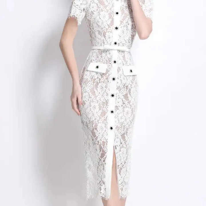 Luxury Crystal White Lace Embroidery Pencil Dress Elegant Short Sleeve Single Breasted Midi Dress.