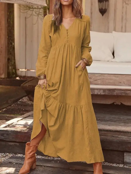 Cotton Linen Women Long Dress.New Look Fashion V-Neck Casual Solid Long Sleeve A-Line Sexy  Elegant Ruffles