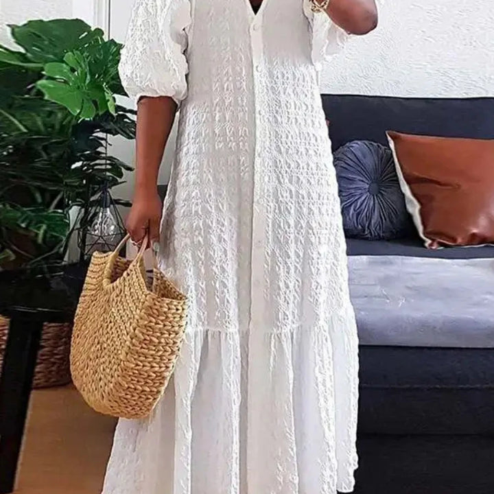 Fashion New Women's Pleated Dress V-neck Single Breasted Casual  Elegant Temperament Style Long Dress