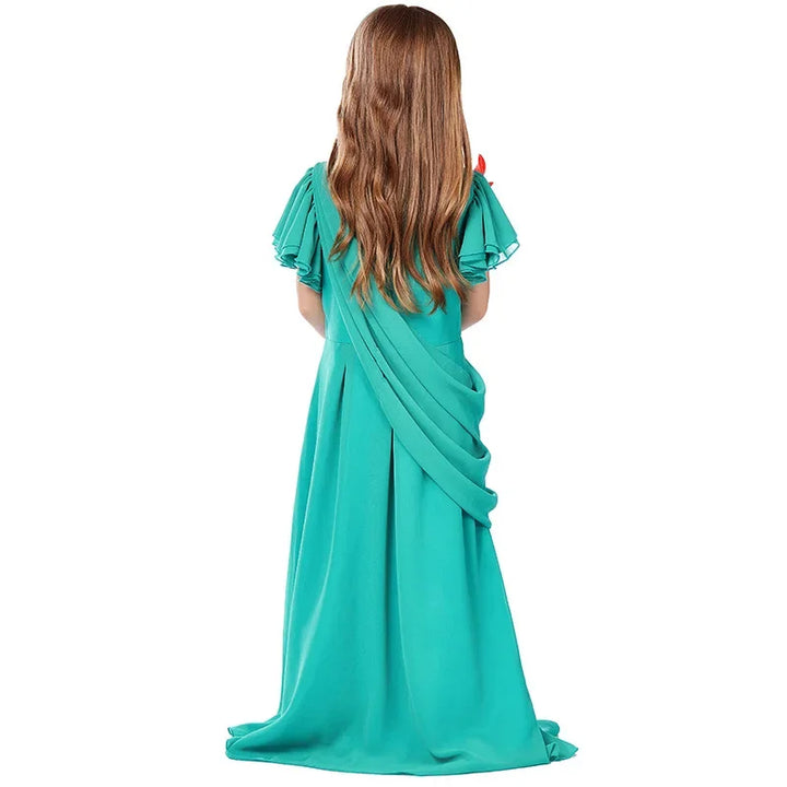 Halloween Carnival Costume Adult and Kids Girls Green Chiffon Party Dress World Statue of Liberty Cosplay Greek Goddess Costume