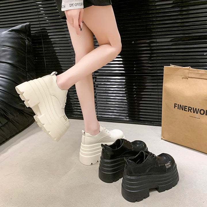 Women's Leather Sneakers New High Platform Lace-up Casual Shoes Thick Sole 10CM Heels Walking Shoes Zapatos Mujer