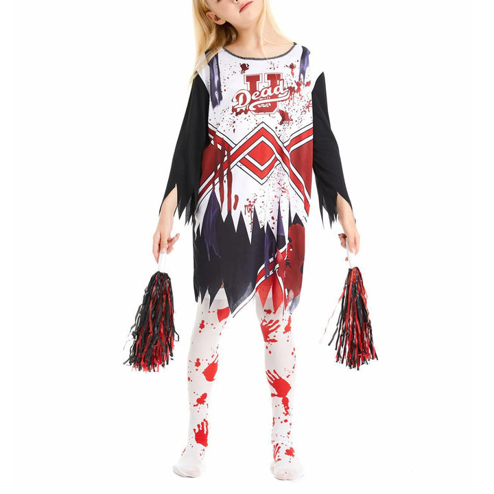 Kids Girls Halloween Party Horror Zombie Cosplay Costume Cheerleading Dance Outfits Bloody Dress with Stockings Flower Balls
