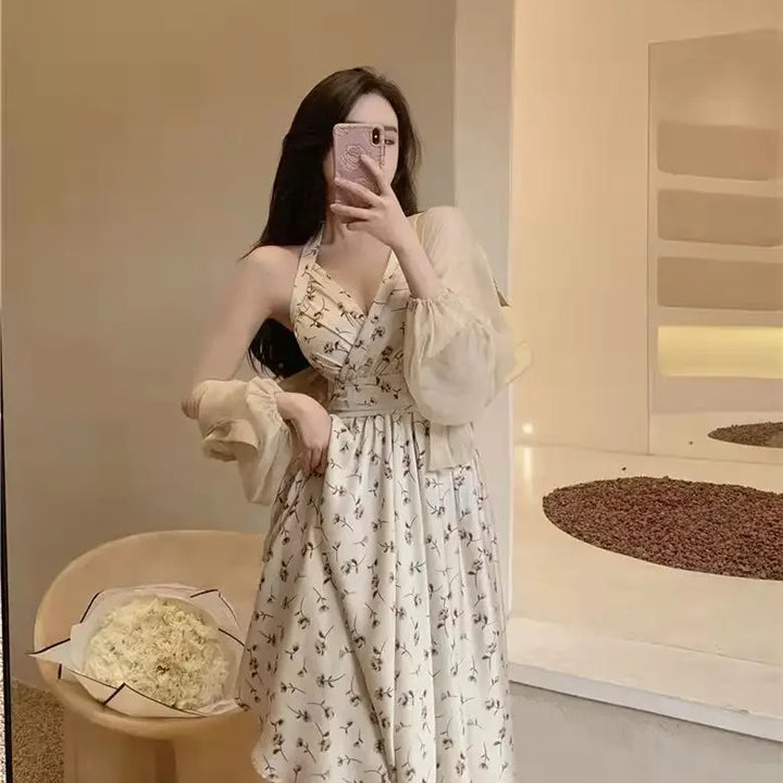 New Gentle Wind Fragmented Flower V-Neck Sling Dress Set Waist Wrap Neck Hanging Long Dress Thin Protection Cardigan