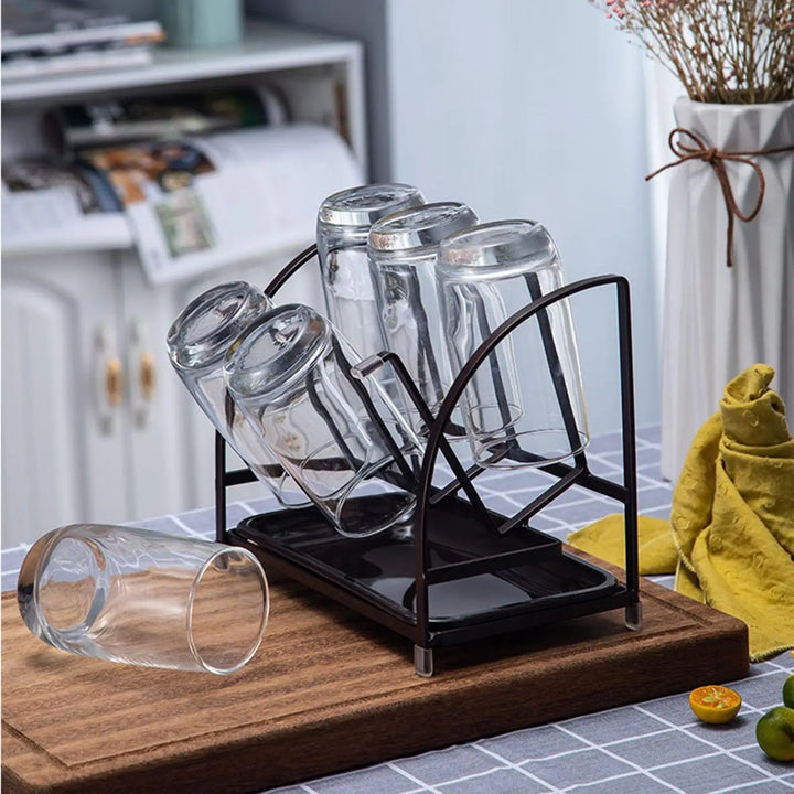 6 Slot Mug Drying Rack Non Slip Silicone Cup Organizer for Kitchen Counter Modern Steel Dish Drainer with Water Catcher Tray