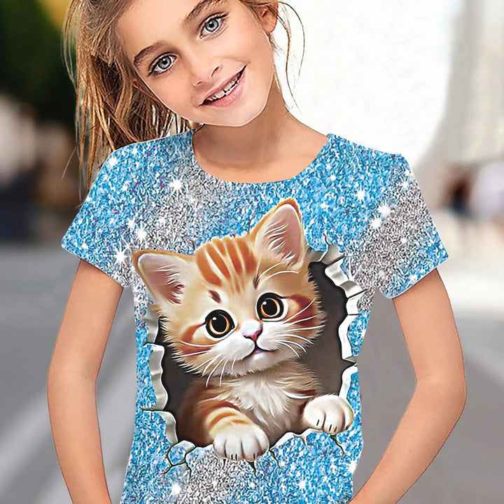 T-Shirt for Girls Cute Kitten Girls Clothes Kids T-Shirt Summer Short Sleeve Children Outdoor Sports Tops T-Shirt for Girls
