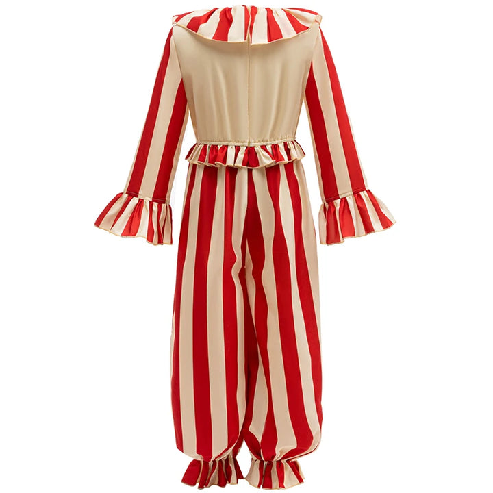 Halloween Funny Clown Cosplay Costume For Children Red Striped Jumpsuit Boys Girls Party Dresses Up Ruffle Girl Clothes Outfits