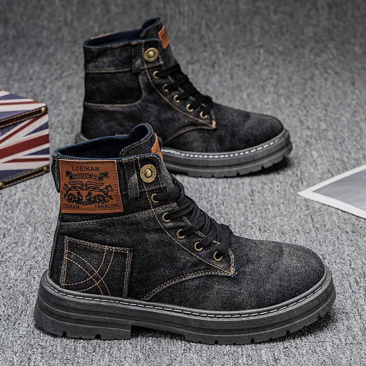 Retro Men's Platform Denim Boots High Quality Men Tooling Boots Fashion Trend Denim Versatile Casual Shoes High Top Working Shoe