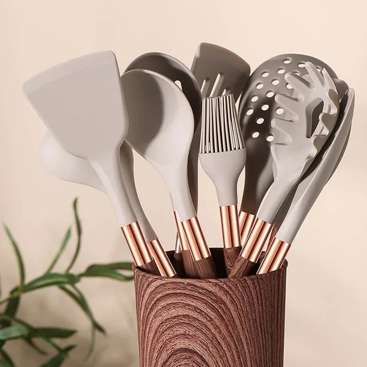 Kitchen Utensils Silicone Cooking Utensils Kitchenware, Gold-plated Wood Grain Handle, Spatula, SpoonsCooking Pots Set