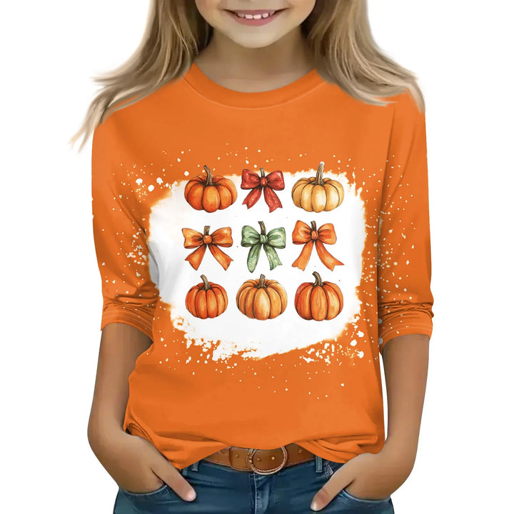 New Halloween Theme Cute Girl Printed T-shirt High Quality Three-quarter Sleeve Round Neck Tops Children Festival Birthday Gift