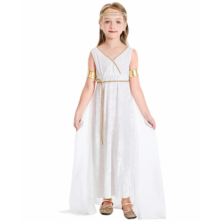 Divinely Elegant!
Flowing white dress with golden details makes this the perfect goddess look for Halloween, carnivals, or school plays. Comfortable, graceful, and magical.
🏛 Includes: Goddess dress + accessories
🎃 Occasions: Halloween, carnival, themed