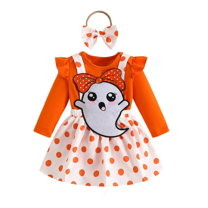Baby Girls Halloween Clothing Set Cute Ghost Pumpkin Face Applique Suspender Dress with Rompers Carnival Party Cosplay Costume