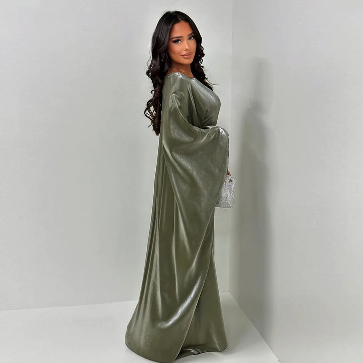 Tossy Autumn Loose Shiny Maxi Dress Butterfly Batwing Long Sleeve Muslim Clothes Party Solid Female Long Dress New
