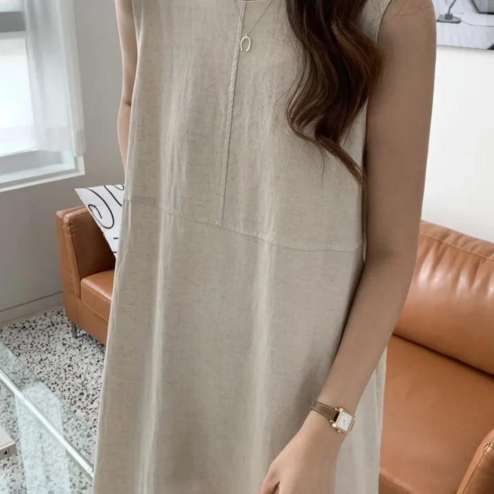 Cotton Linen Women Tank Dress Solid Sleeveless O-neck Casual Loose Straight Long .