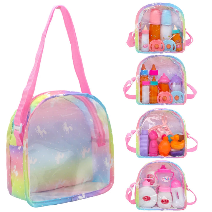 Newborn Doll Accessories Kit with Clear Display Rainbow Carrying Bag Transparent Display Window Fit 14inch Dolls Doll Travel Set