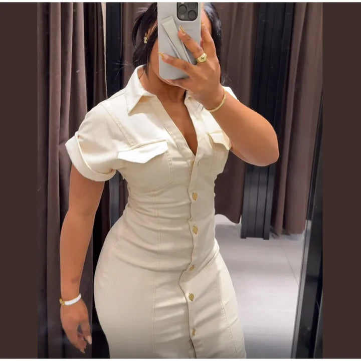 V-neck Denim Dress Fashion Slim Long Dress Chic Short Sleeves Single Button High.