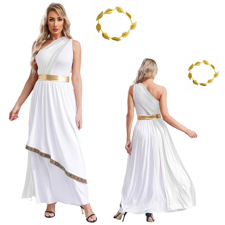 Women Halloween Ancient Greek Dress Ancient Greek Toga Costumes Robe One Shoulder Chiffon Overlay Tunic Dress with Headwear