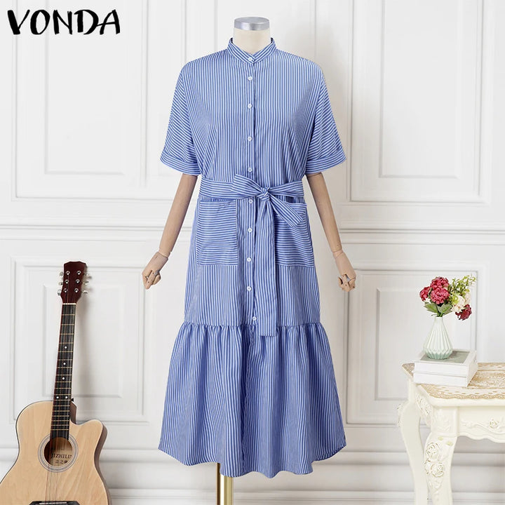 Elegant Striped Printing Short Sleeve Maxi Long Dress Casual Daily Bohemian.